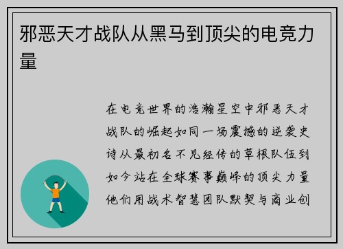 邪恶天才战队从黑马到顶尖的电竞力量