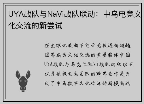 UYA战队与NaVi战队联动：中乌电竞文化交流的新尝试